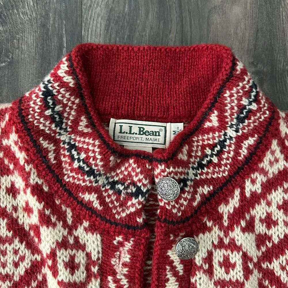 Vtg L.L. Bean Nordic Wool Blend Cardigan Button Up Red White Sweater Sz Medium - Picture 4 of 10